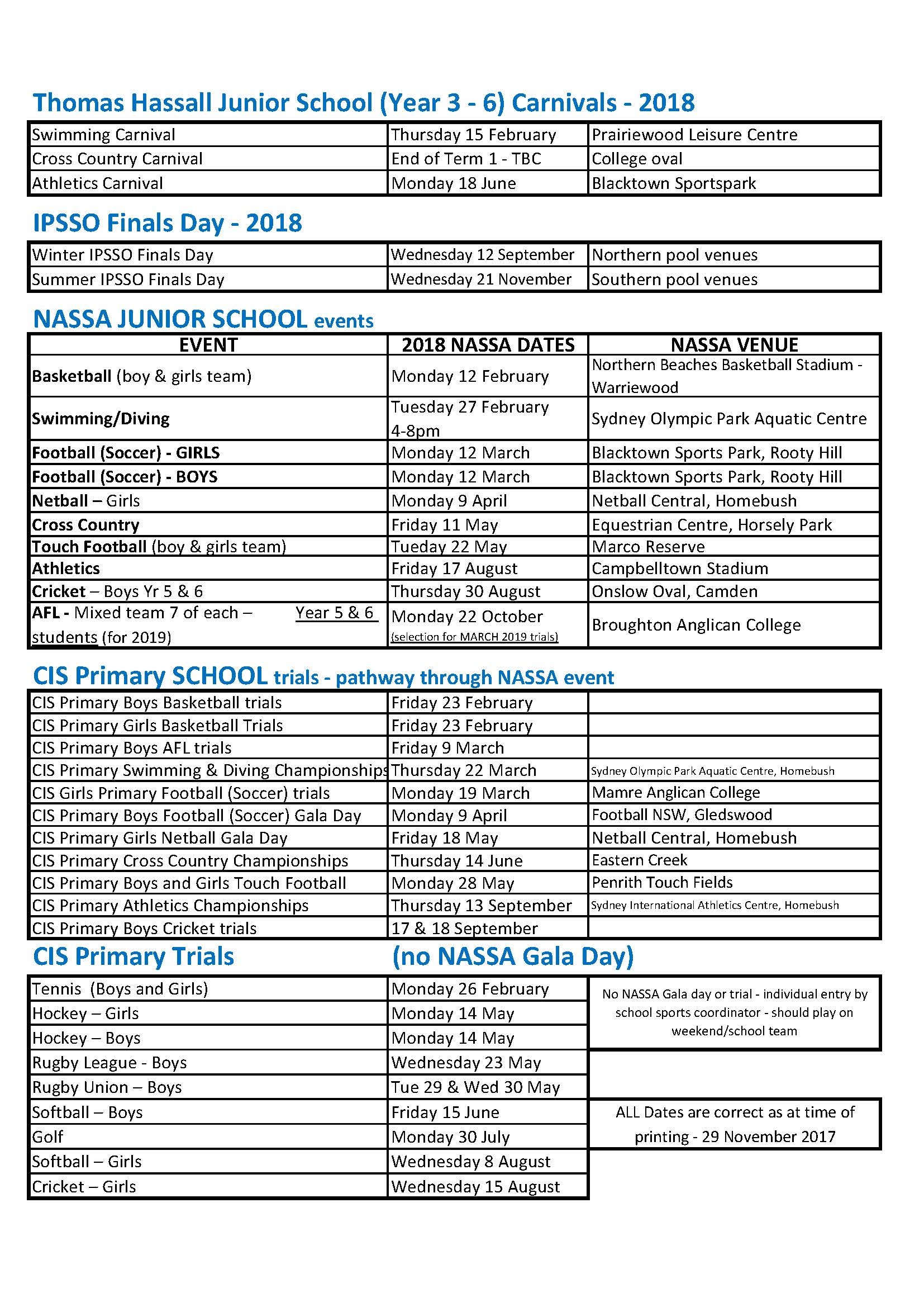 2018 junior school dates