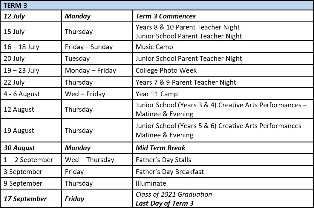 Term 2 & 3 Important Dates | Thomas Hassall Anglican College
