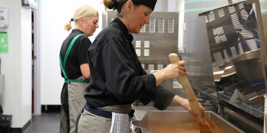 Mrs Riitano's Kitchen cooking lasagna bolognese staff